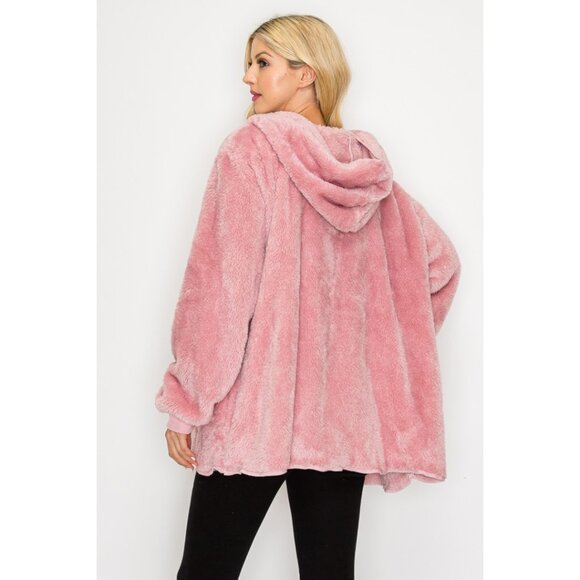 NEW Boutique Hooded Teddy Jacket Cozy Sherpa Fleece Weekend Furry Soft Warm Pink - Picture 4 of 6